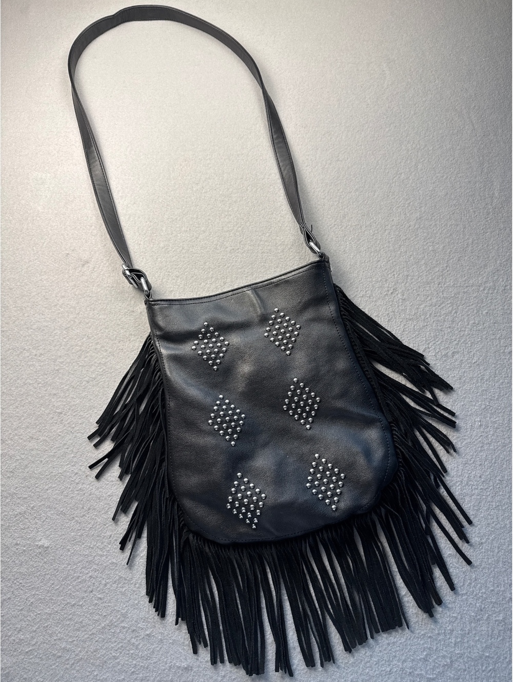 Lionel Black Leather Fringe Shoulder Bag with Studded Detail